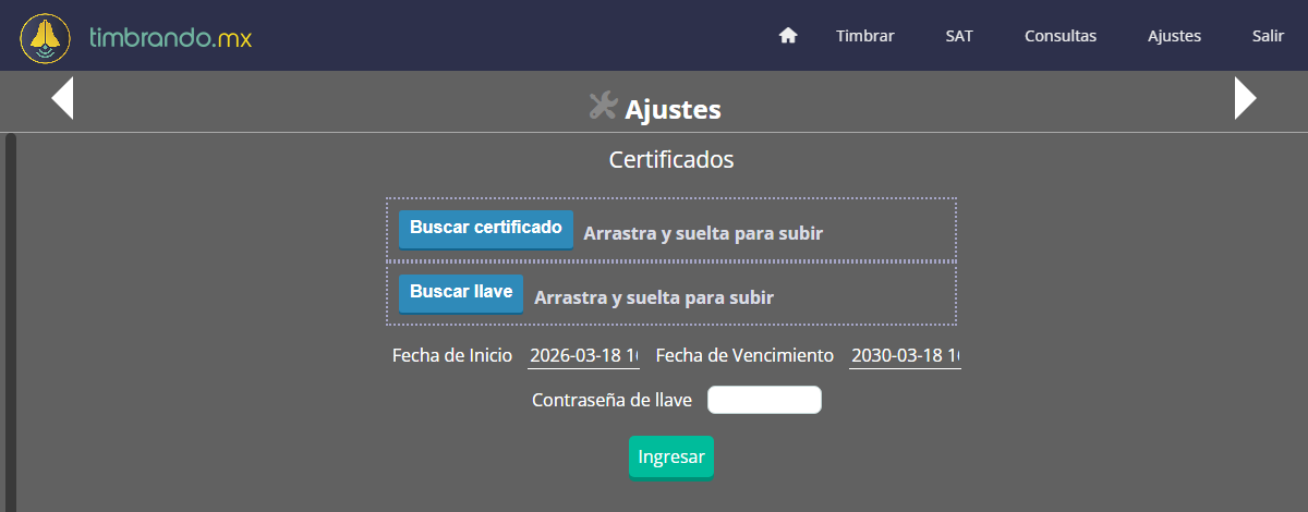 Subir certificado y llave